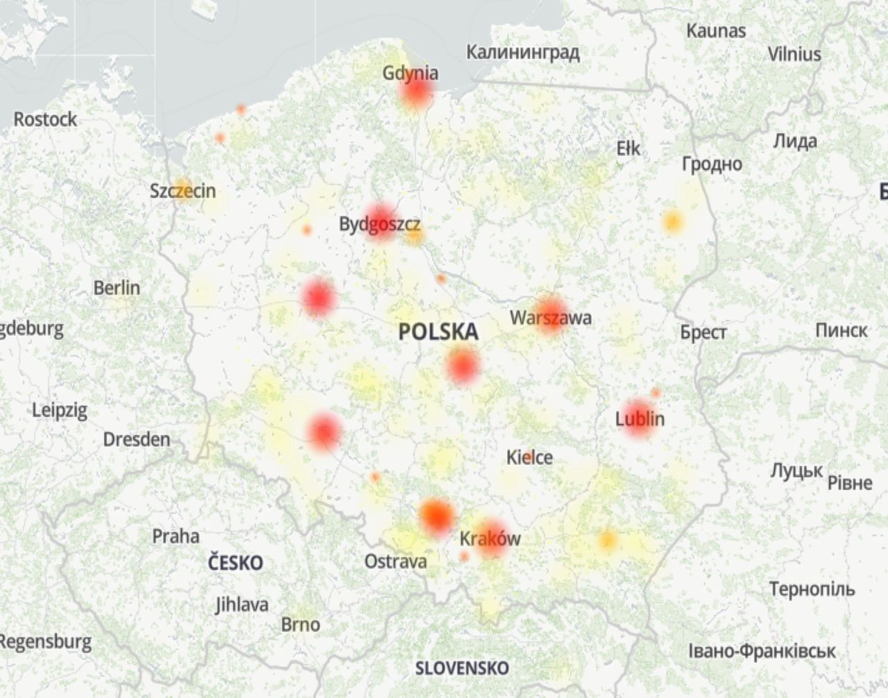 Mapa zgłoszeń awarii Facebook Messenger.