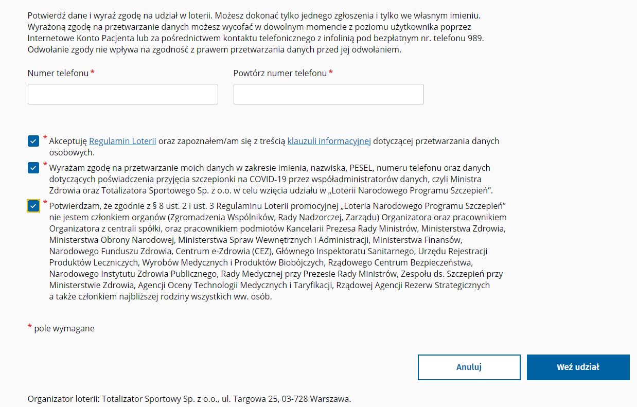 Zgłoszenie do loterii szczepionkowej