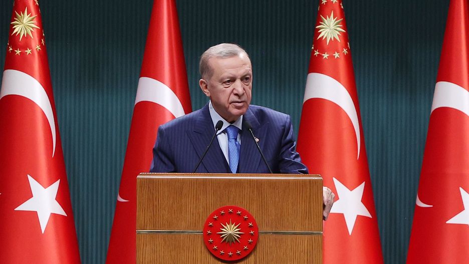 ANKARA, TURKIYE - JANUARY 23: Turkish President Recep Tayyip Erdogan makes statements after cabinet meeting at Presidential Complex in Ankara, Turkiye on January 23, 2023. (Photo by Murat Kula/Anadolu Agency via Getty Images)