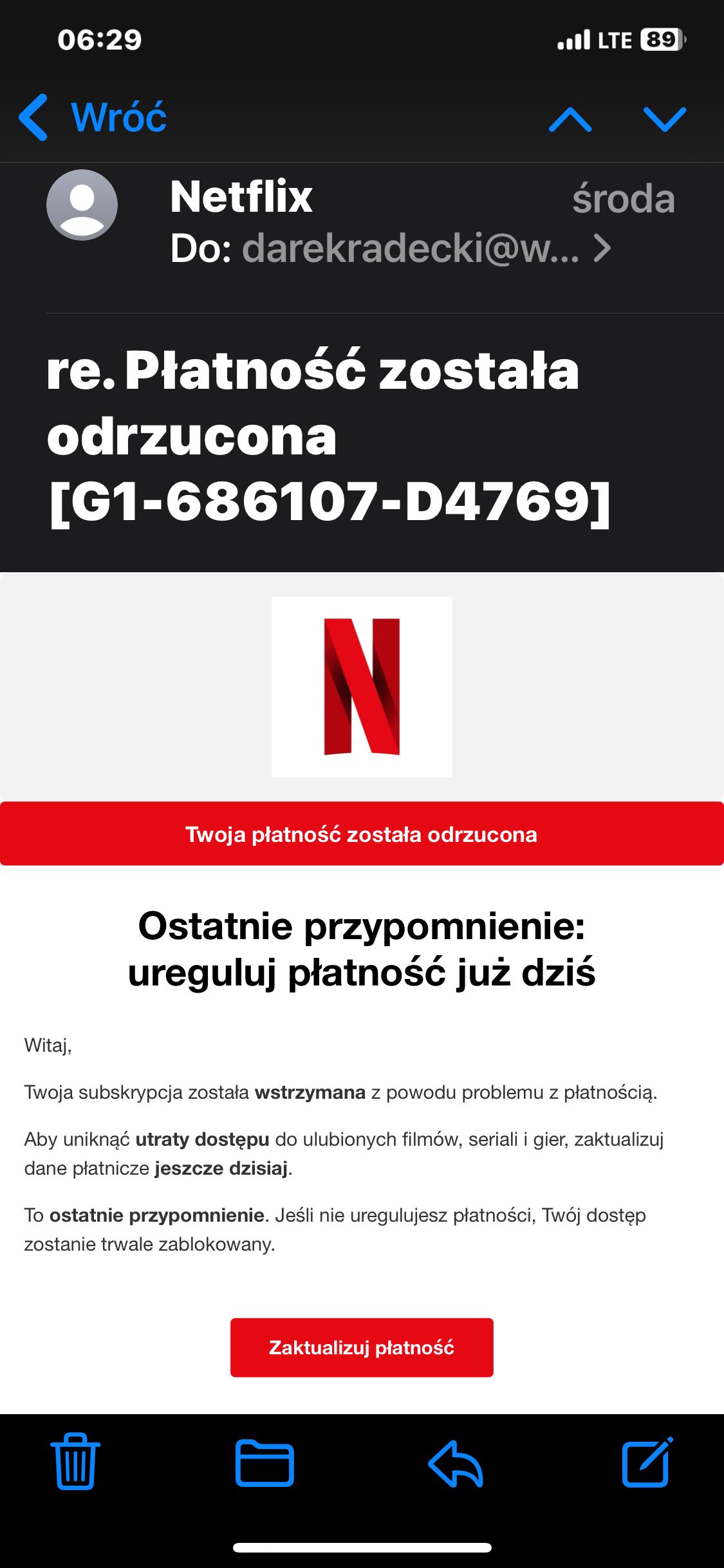 Fałszywa wiadomość e-mail