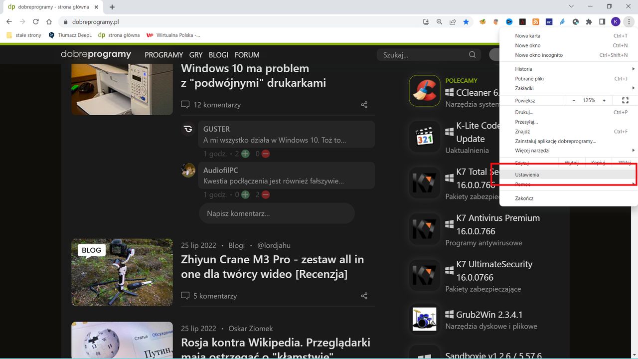 Google Chrome: menu Ustawienia