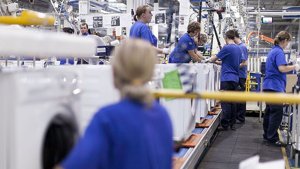 Washing Machine Manufacture At Electrolux AB Polish Plant
Employees work on the assembly of domestic washing machines on the production line at the Electrolux AB factory in Olawa, Poland, on Tuesday, Oct. 16, 2012. Electrolux AB is the world's second largest maker of appliances such as refrigerators, washers, vacuum cleaners, cookers and air-conditioners under AEG, Eureka, Frigidaire and Electrolux brands. Photographer: Bartek Sadowski/Bloomberg via Getty Images
Bloomberg
EMEA; EUROPE, EMEA; EASTERN EUROPE, ECONOMY; ECONOMIC; ECO, INDUSTRY: INDUSTRIAL; FACTORY;, INDUSTRY: INDUSTRIAL, MANUFACTURE; MANUFACTURING, JOB; JOBS; EMPLOYMENT, LABOR; LABORER; WORKER