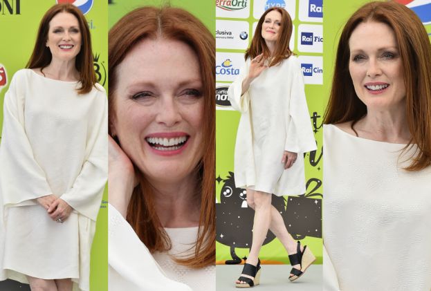 Skromna Julianne Moore pozuje w kremowym worku