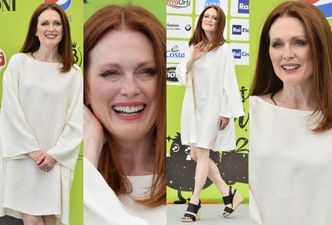 Skromna Julianne Moore pozuje w kremowym worku