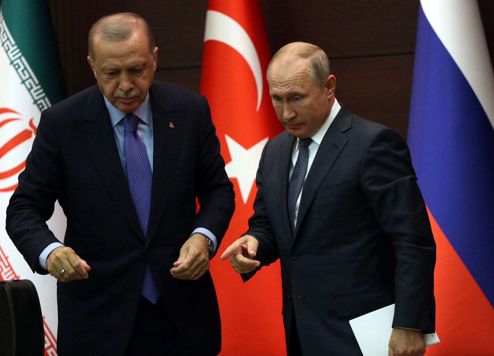 Russian President Vladimir Putin attends Russian-Turkish-Iranian Summit in Ankara
ANKARA, TURKEY - SEPTEMBER 16: Russian President Vladimir Putin (R) and Turkish President Recep Tayyip Erdogan (C) during their meeting on September 16, 2019 in Ankara, Turkey. Leaders of Russia and Iran have arrived at the Trilateral Summit Russia-Turkey-Iran to discuss the situation in Syria. (Photo by Mikhail Svetlov/Getty Images)
Mikhail Svetlov