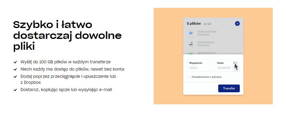 Główne cechy usługi Dropbox Transfer, źródło: Dropbox.