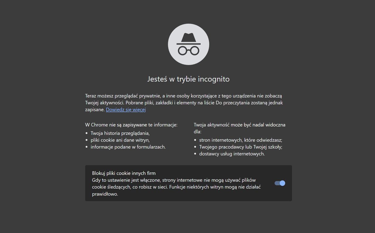 Tryb incognito w Google Chrome - dotychczasowy komunikat