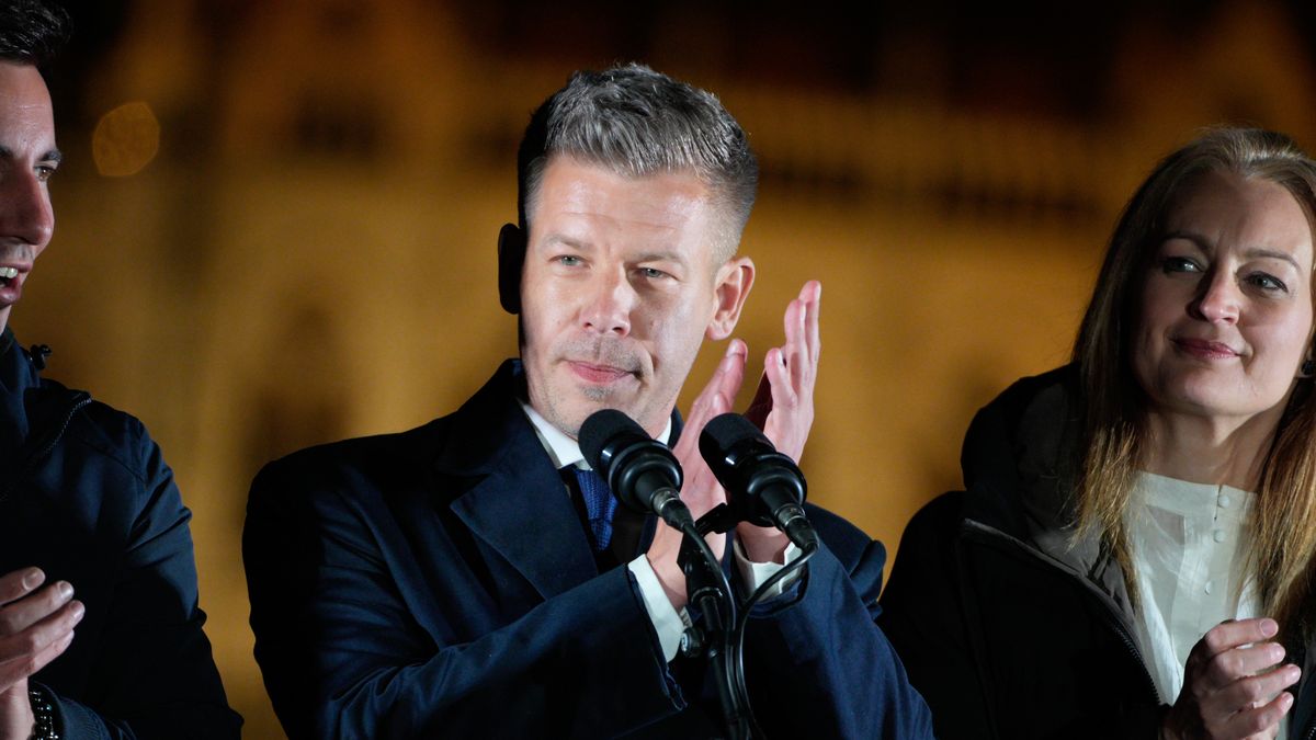 Opposition candidate Peter Magyar is seen speaking at the Tisza election evening event in Budapest, Hungary on 12 April, 2026. (Photo by Jaap Arriens/NurPhoto via Getty Images)