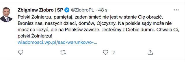 Kontrowersyjny wpis ministra sprawiedliwości szybko został usunięty z Twittera. Potem pojawił się ponownie