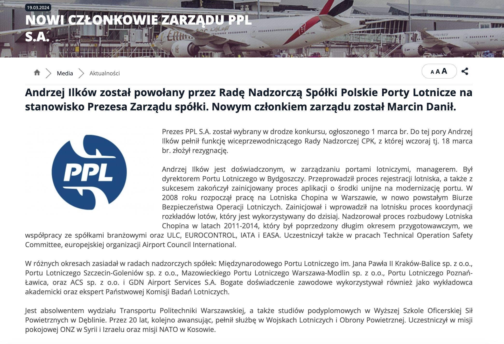 Komunikat prasowy o wyborze Ilkowa na prezesa PPL