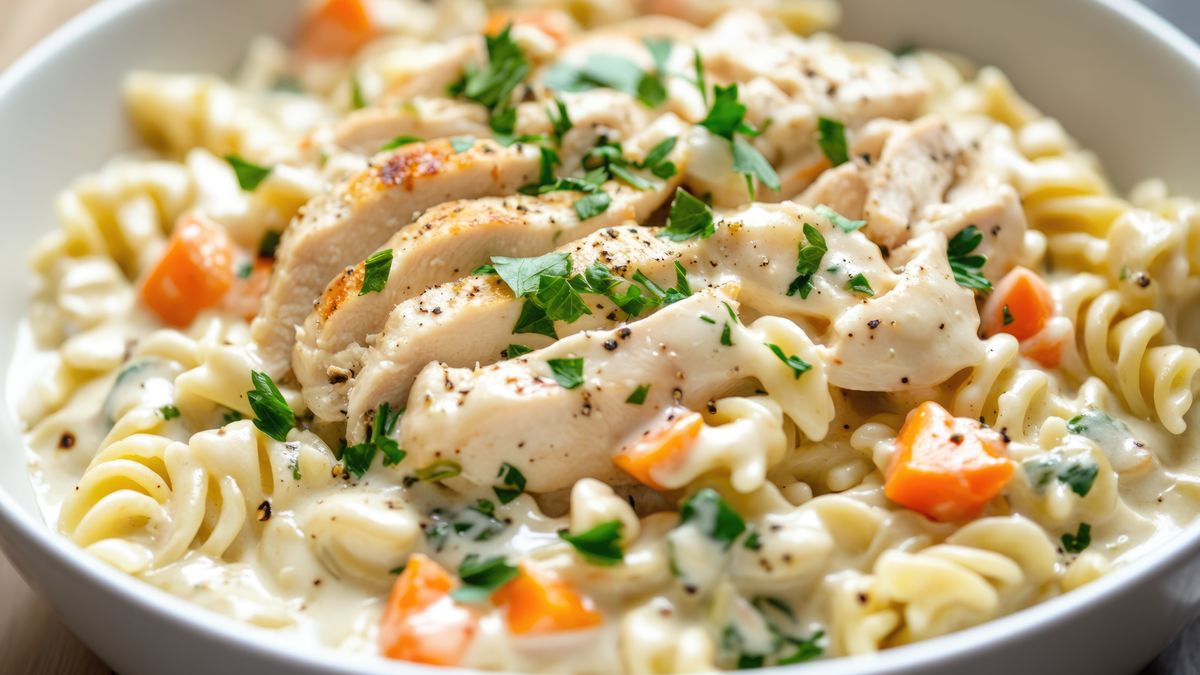 Kremowy kurczak z marchewką i groszkiem smakuje genialnie