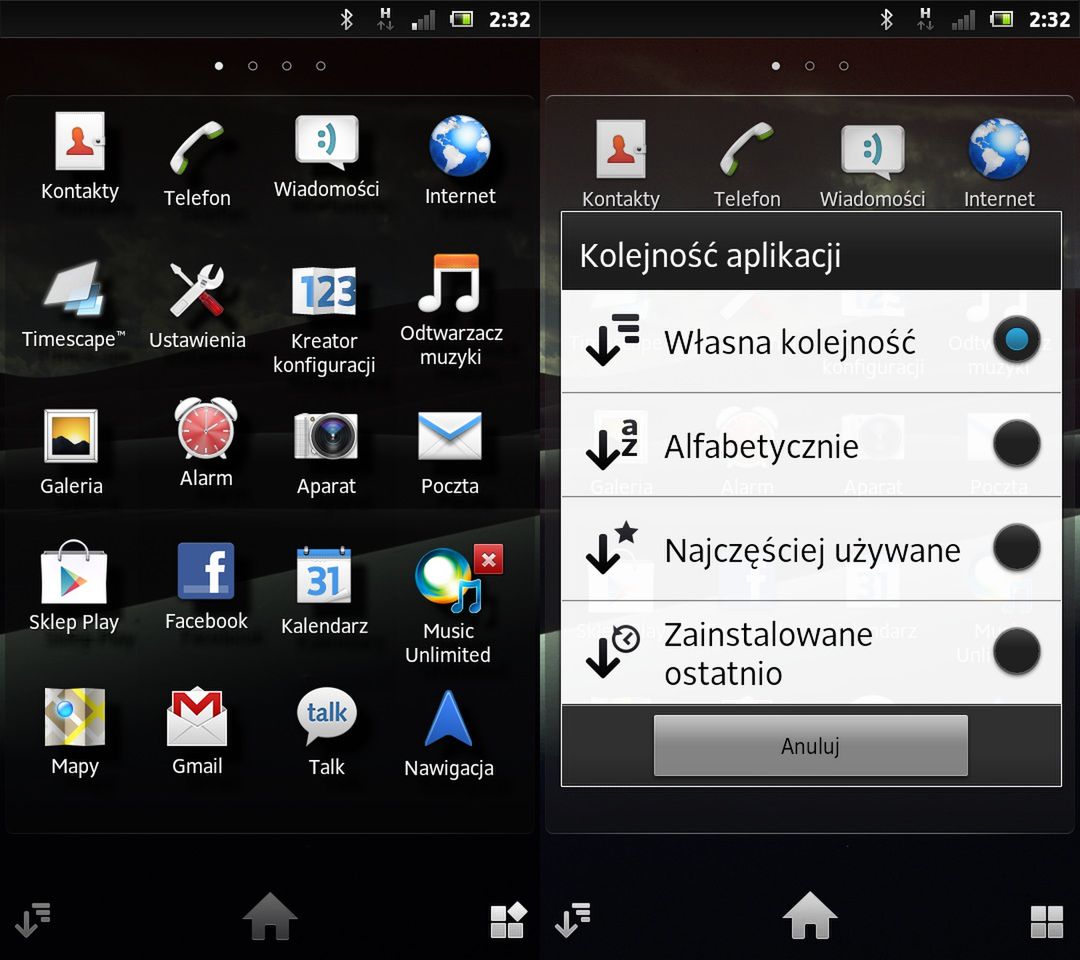 Xperia P - menu z aplikacjami