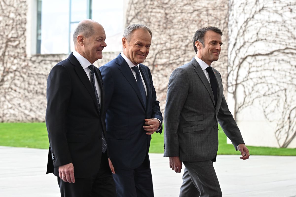 Olaf Scholz, Donald Tusk i Emmanuel Macron