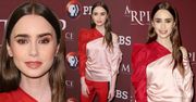 Lily Collins eksponuje ramię w asymetrycznej bluzce za 3,5 tysiąca