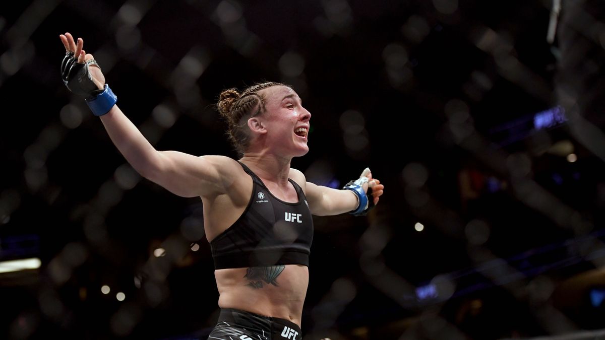 UFC 270 at the Honda Center in Anaheim, CAAnaheim , CA - January 22: Women's strawweight Vanessa Demopoulos (blue gloves) reacts after defeating  Silvana Gomez Juarez (red gloves) during UFC 270 at the Honda Center in Anaheim, CA. Saturday, Jan 22, 2022. Demopoulos defeated Gomez Juarez via first round submission.  (Photo by Hans Gutknecht/MediaNews Group/Los Angeles Daily News via Getty Images)MediaNews Group/Los Angeles Dailufc, mma