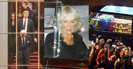 Trumna z ciałem królowej Elżbiety II dotarła do Londynu! Książę Harry, Meghan, król Karol III z małżonką przyszli oddać hołd (ZDJĘCIA)