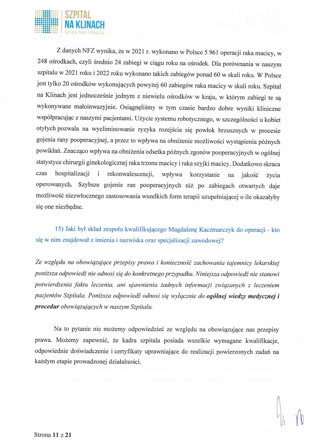Odpowiedź Szpitala na Klinach na pytania Wirtualnej Polski