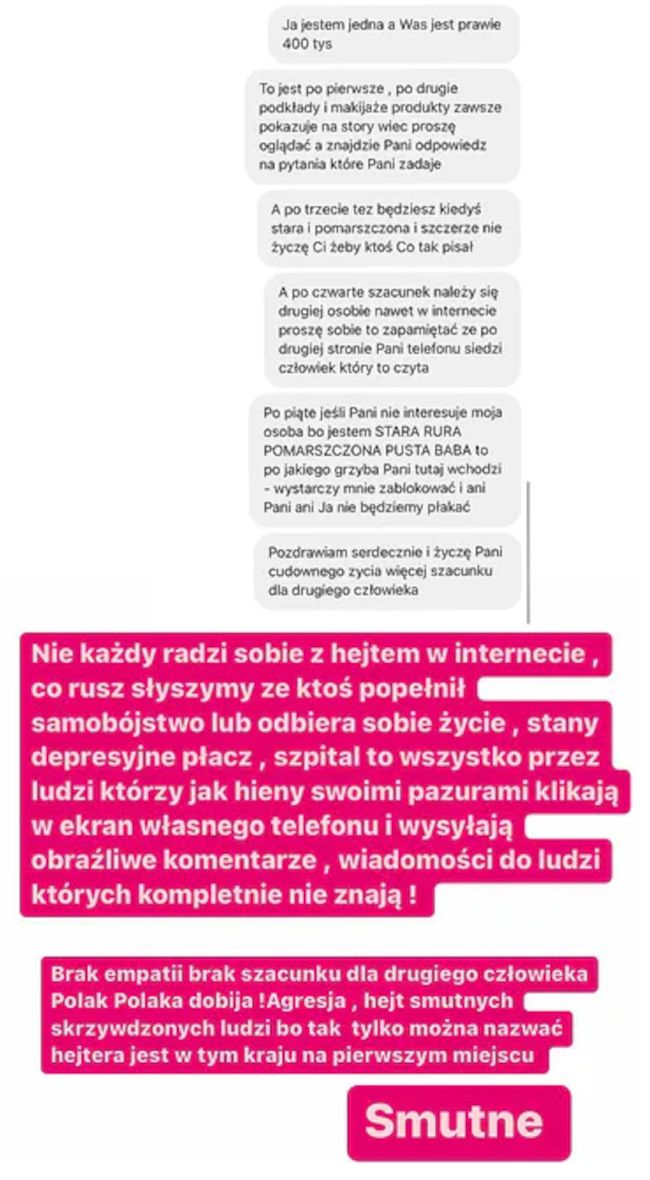 Agnieszka Kotońska odpowiada na wiadomości od hejterki