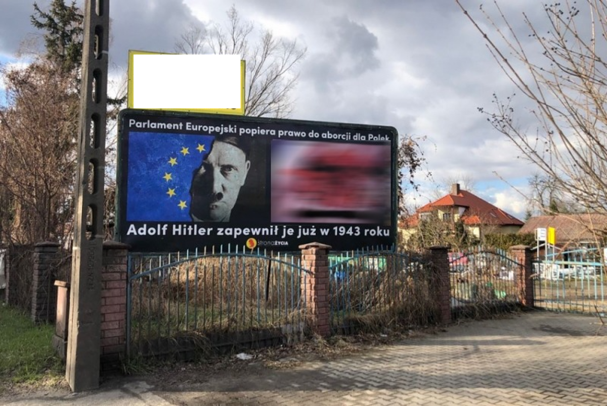Hitler na tle flagi UE, obok martwy płód. Kontrowersyjny antyaborcyjny billboard
