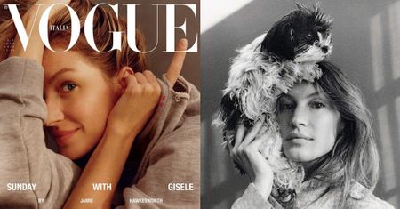 Naturalna Gisele Bundchen pozuje z psem na głowie