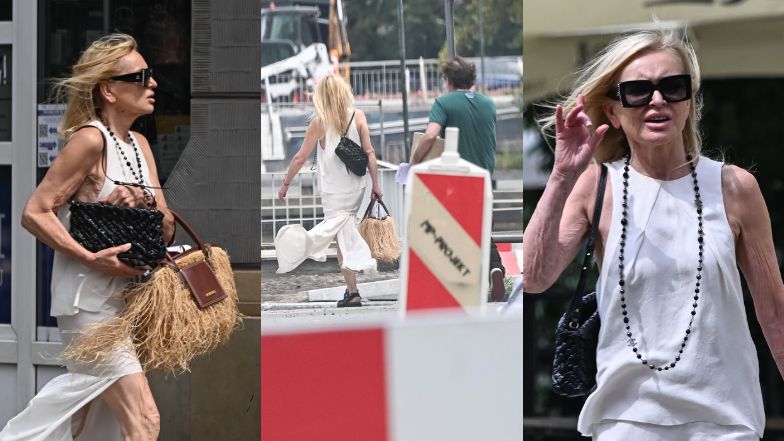 Stylowa Monika Olejnik drepcze z ukochanym przez teren budowy