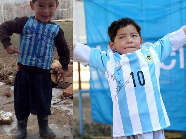 Chłopiec w "koszulce" z reklamówki dostał prawdziwy t-shirt Messiego!