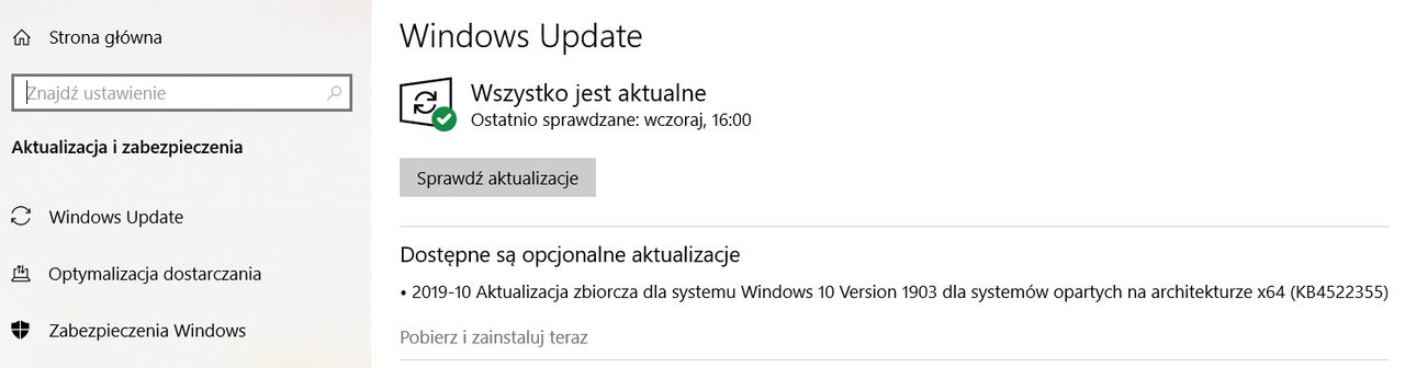 Problematyczna aktualizacja KB4522355 w Windows Update.