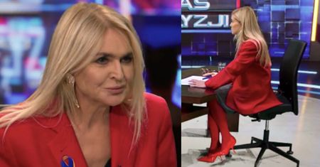 Cała na czerwono Monika Olejnik skradła show w "Kropce nad i" krzykliwą stylizacją. Trudno było skupić się na gościu programu (FOTO)