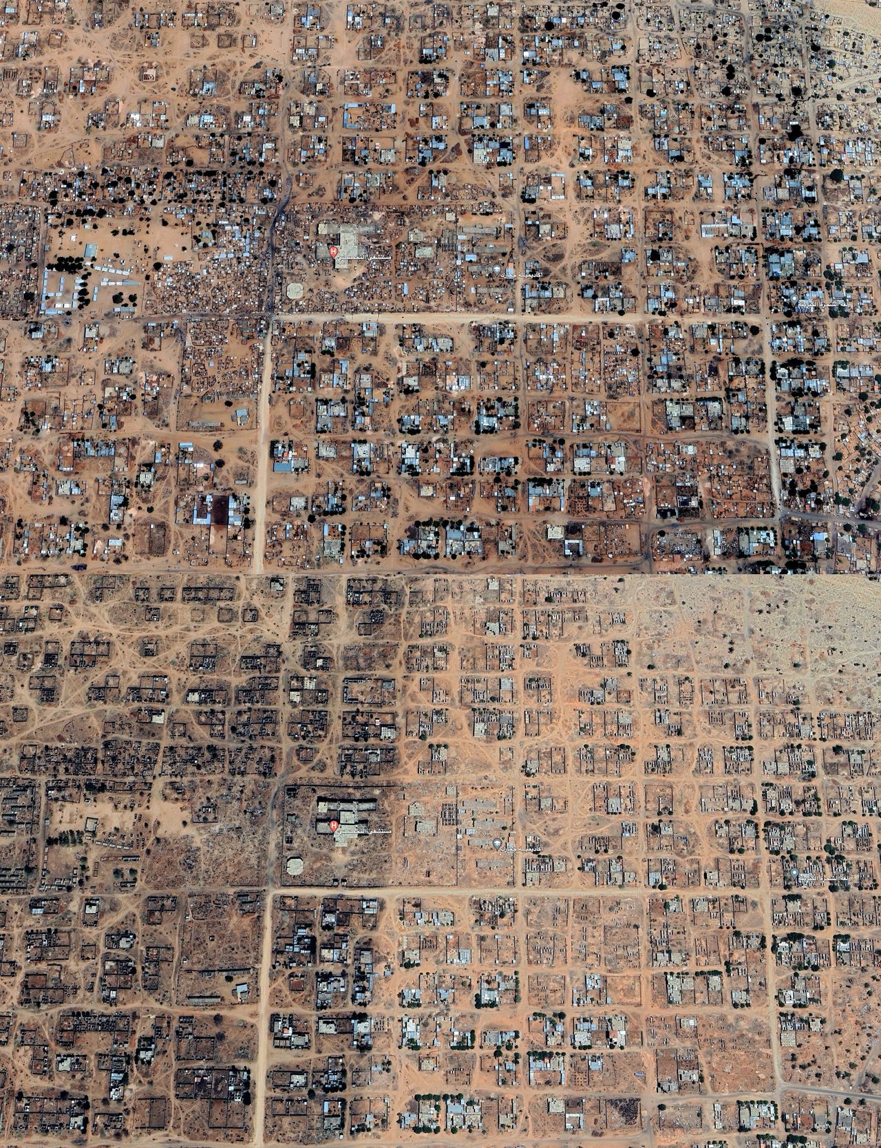 Destroyed hospital (marked with a red pin) in Al-Junaynah. The upper picture shows the view from 19 April 2023, the lower - from 12 April 2024.