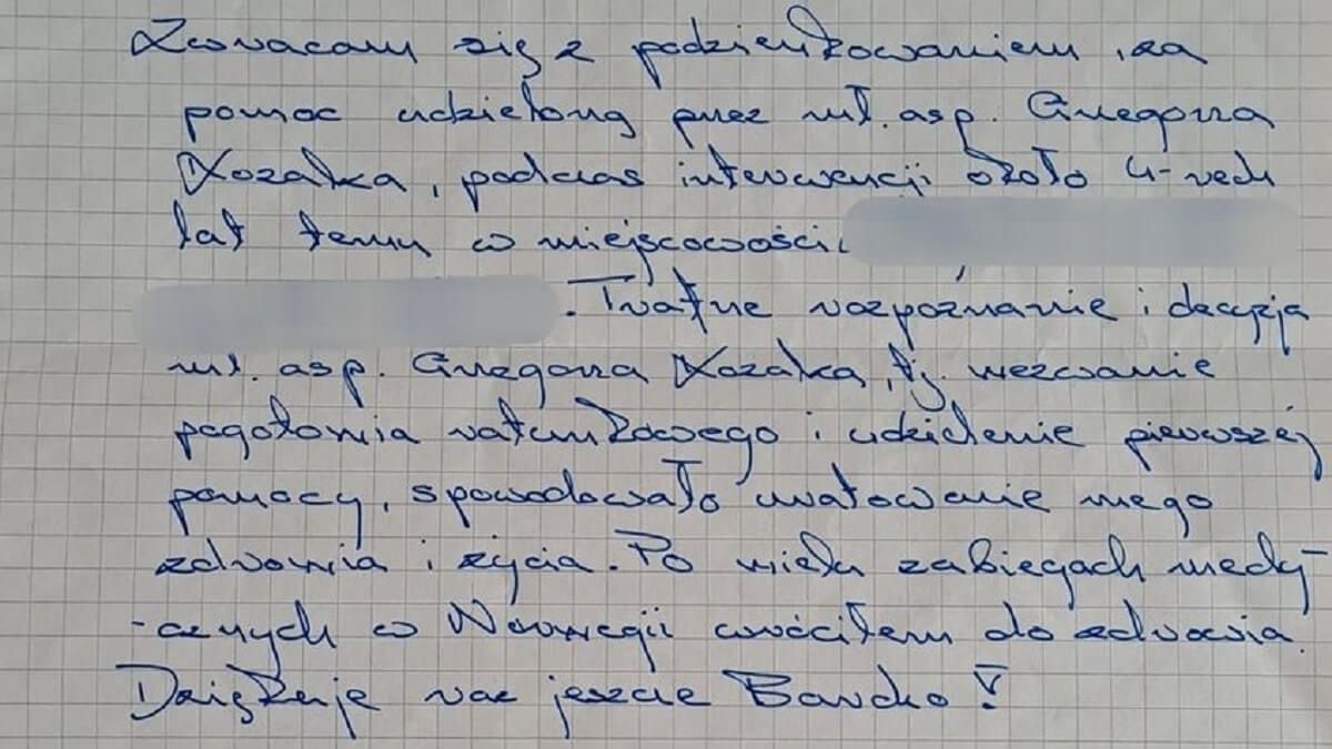 Podziękowania dla policjanta za uratowanie życia