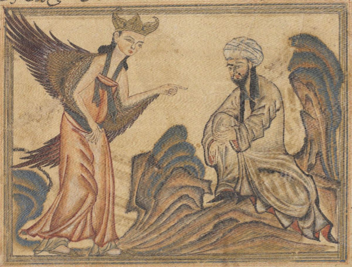 Mahomet słucha słów archanioła Gabriela. Praca z XIV wieku 