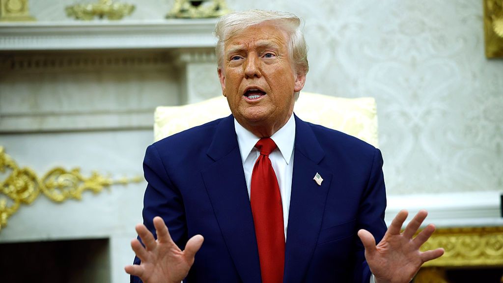 President Trump Meets With Visiting Israeli PM Netanyahu At The White House
WASHINGTON, DC - APRIL 07: U.S. President Donald Trump answers a reporters question during a meeting with Israeli Prime Minister Benjamin in the Oval Office of the White House on April 7, 2025 in Washington, DC. President Trump is meeting with Netanyahu to discuss ongoing efforts to release Israeli hostages from Gaza and newly imposed U.S. tariffs. (Photo by Kevin Dietsch/Getty Images)
Kevin Dietsch