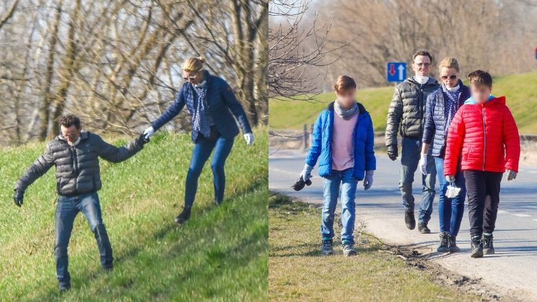 Joanna Brodzik i Paweł Wilczak chronią się przed koronawirusem podczas rodzinnego spaceru w parku (ZDJĘCIA)