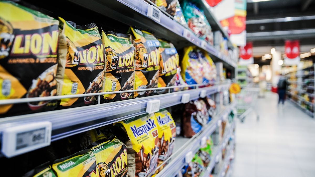 Nestle brand chocolates for sale at an Auchan Supermarket in Lviv, Ukraine, on Monday, Oct. 9, 2023. In the second year after Russia's full-scale invasion, companies in Ukraine must contend with power cuts and air raids, declining consumer demand and staffing shortages as workers join the fight or flee the country. Photographer: Julia Kochetova/Bloomberg via Getty Images