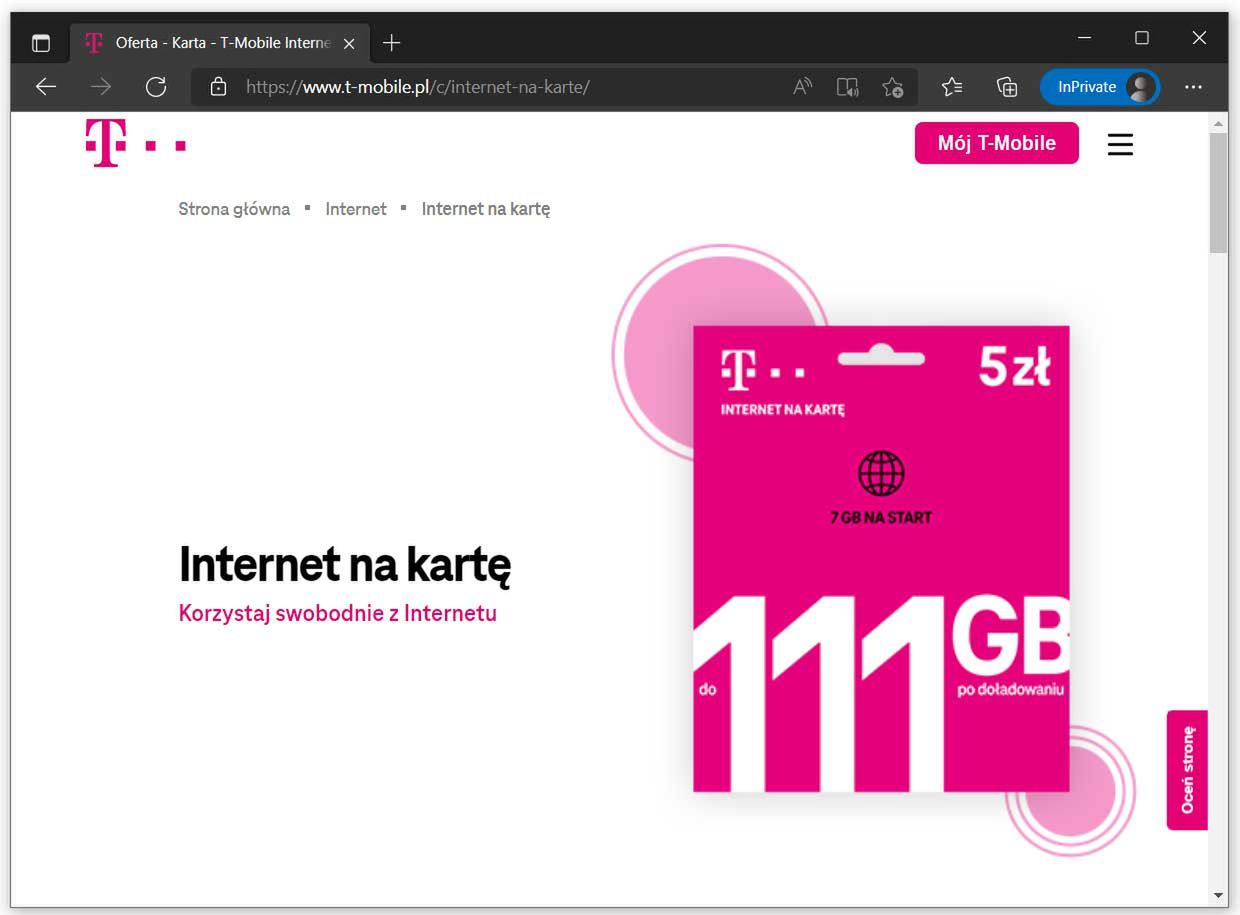 Zrzut ekranu z ofertą Internetu na kartę