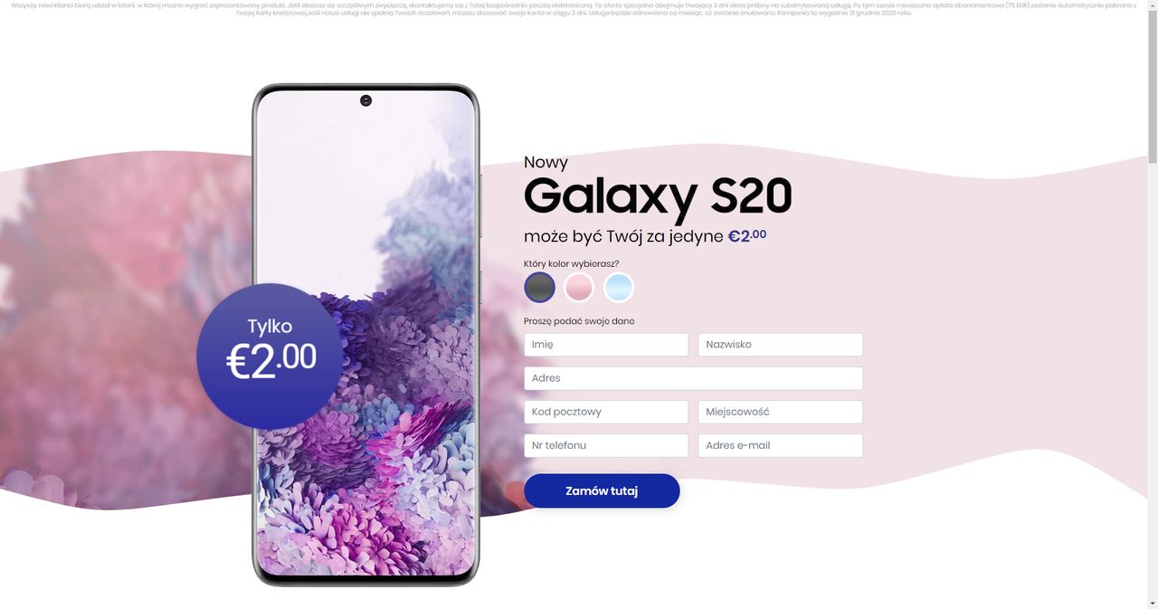 Docelowa strona z "promocją" na Galaxy S20, źródło: Niebezpiecznik.