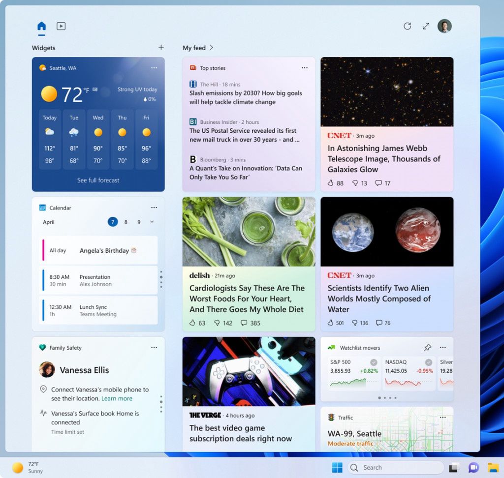 Widżety w trzech kolumnach w Windows 11