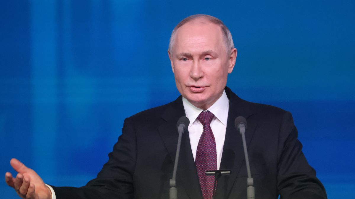 MOSCOW, RUSSIA - FEBRUARY 8: (RUSSIA OUT) Russian President Vladimir Putin gestures during his meeting with scientists at the State Kremlin Palace, on February 8, 2024, in Moscow, Russia. Russia's President Putin visited the event, marking the 300th anniversary of the Russian Academy of Sciences prior to the 2024 Presidential Elections. (Photo by Contributor/Getty Images)