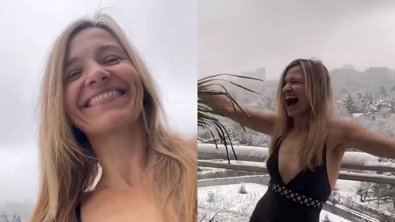 Joanna Koroniewska w stroju kąpielowym brodzi po zaśnieżonym tarasie