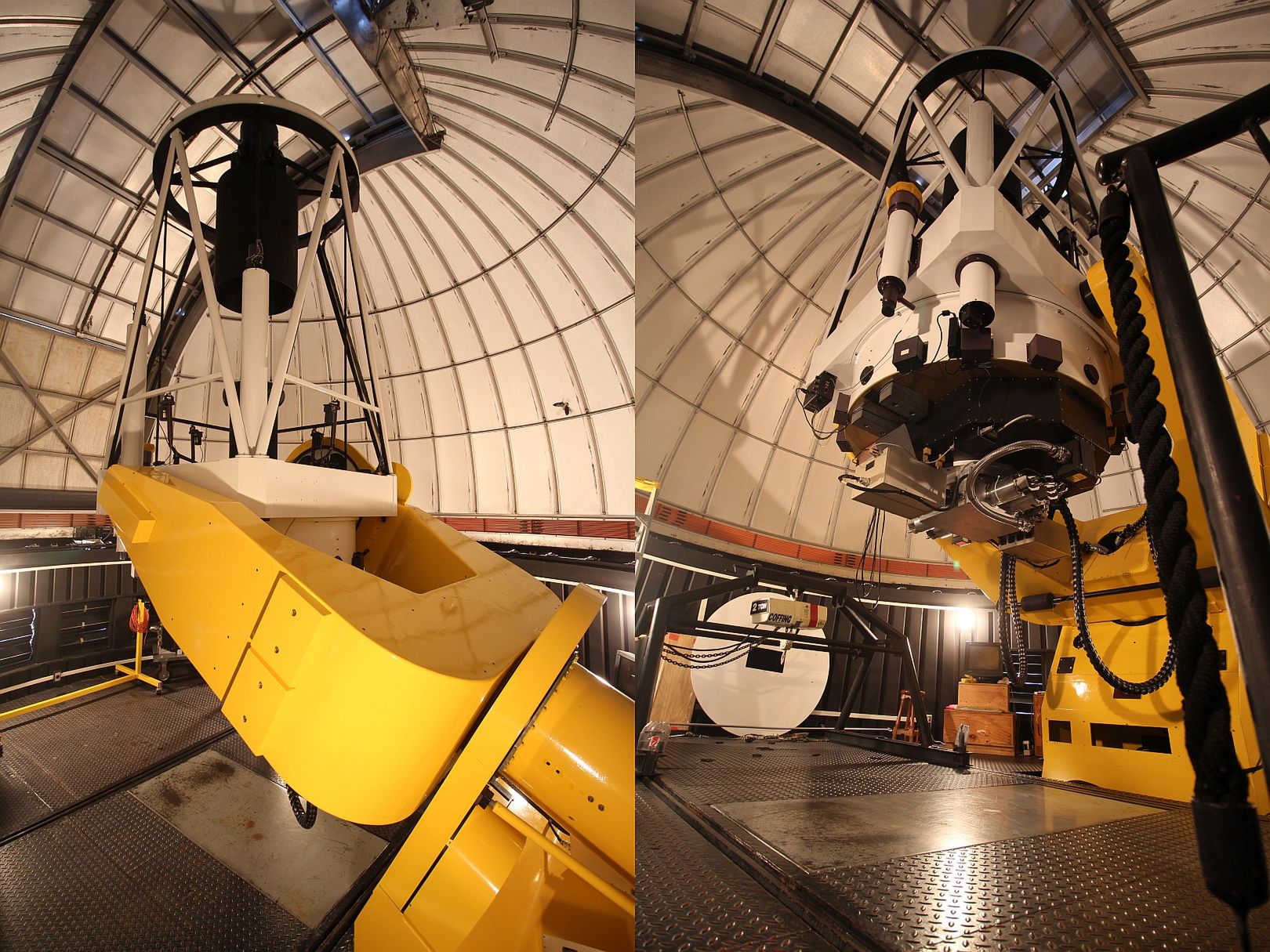 Wnętrze kopuły z polskim teleskopem i widoczną kamerą.