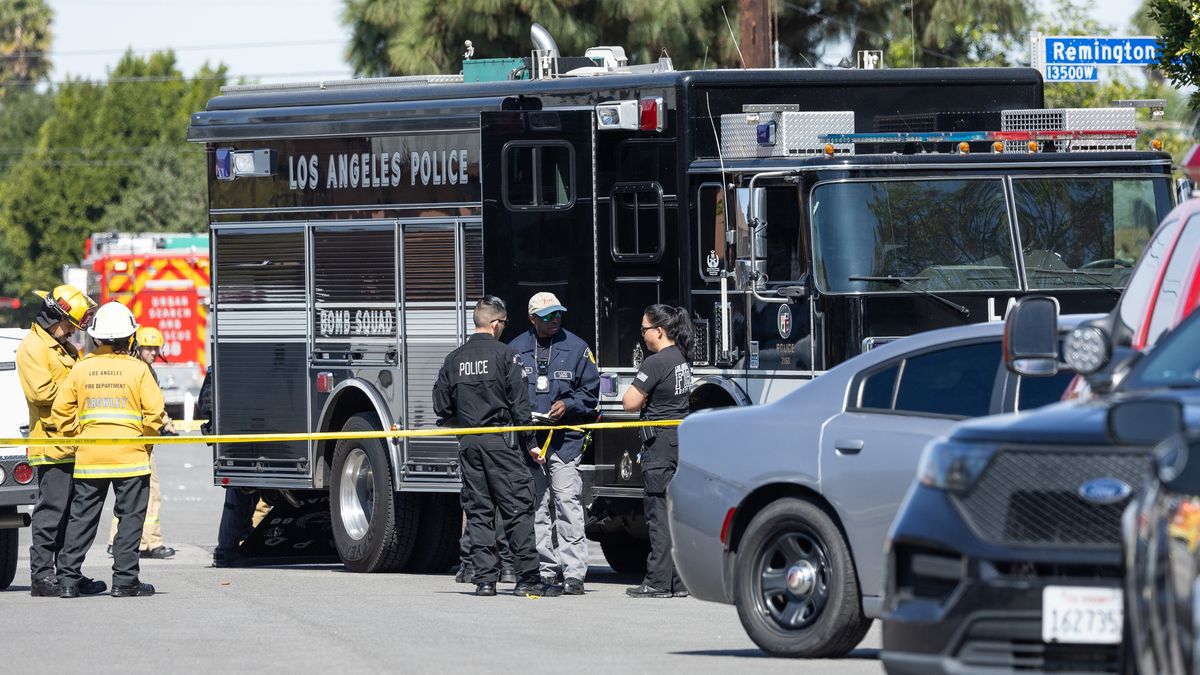PACOIMA, CA - MARCH 20: Firefighters and the LAPD Bomb Squad were dispatched to a house explosion in Pacoima, CA on Thursday, March 20, 2025 possibly caused by fireworks. A male suffered critical burns. (Myung J. Chun / Los Angeles Times via Getty Images)