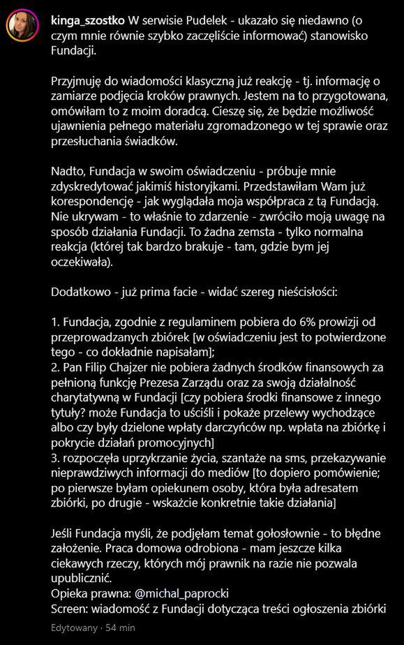 Kinga Szostko odpowiada na pismo Fundacji "Taka Akcja"