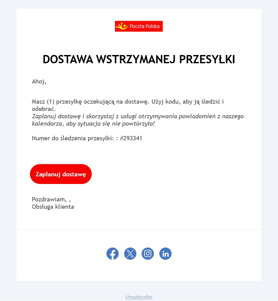Fałszywa wiadomość "od Poczty Polskiej"