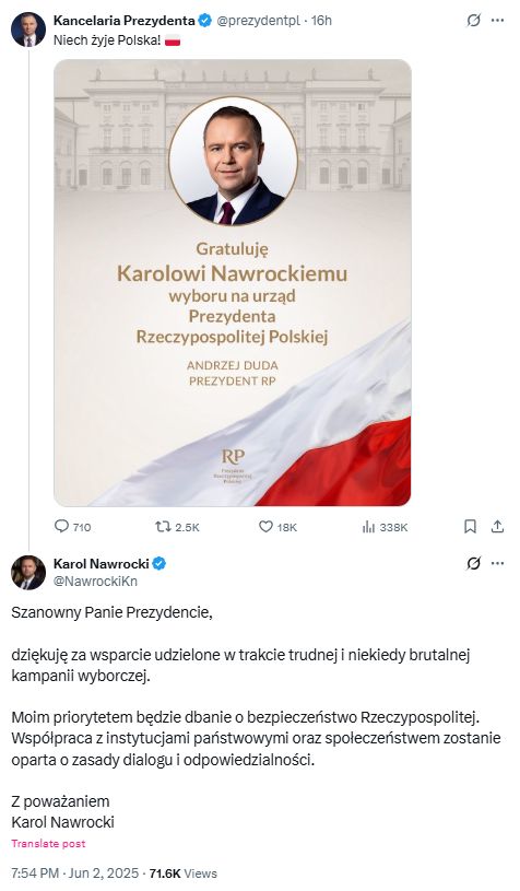 Wpisy Andrzeja Dudy i Karola Nawrockiego.