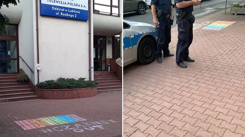 Tęcza z napisem #CzarnekOUT na chodniku przed siedzibą TVP w Lublinie