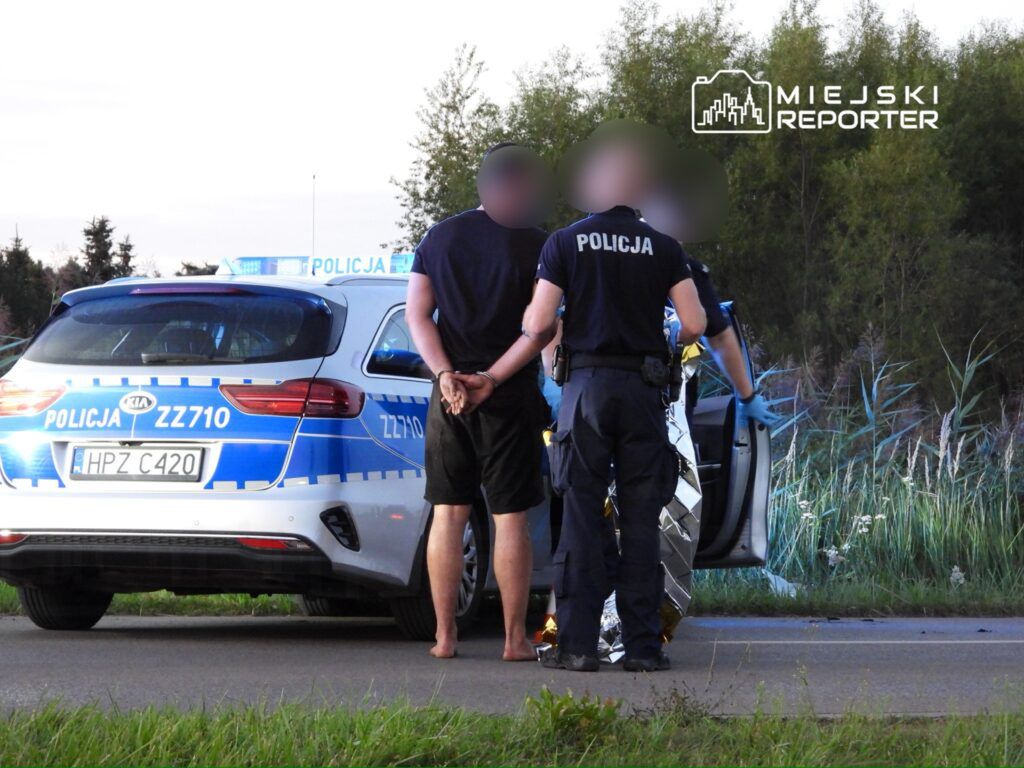Mężczyzna w krótkich spodniach zatrzymany przez policjantów obok radiowozu na drodze, w tle zarośla.