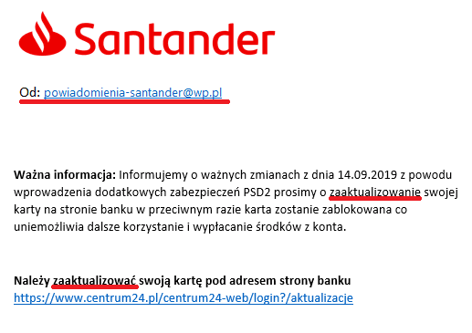 Fałszywa wiadomość, w której podszywający się pod bank nadawcy zachęcają do kliknięcia w link, fot. Santander.