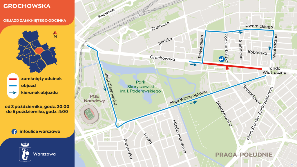 grafika przedstawia mapę utrudnień i objazdów na czas remontu jezdni ulicy Grochowskiej