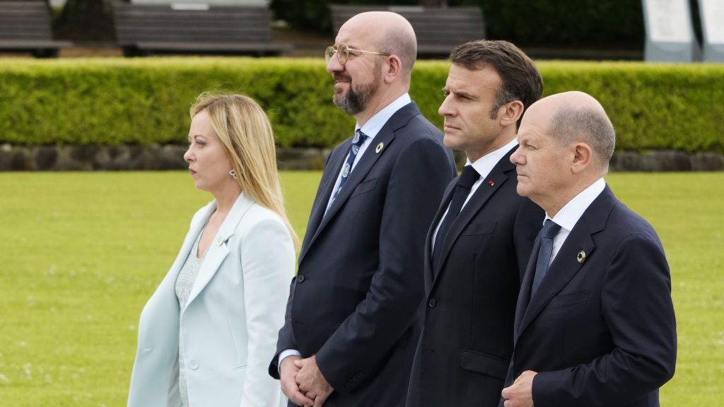 Day 1 of The Group of Seven Leaders' SummitGiorgia Meloni, Italy's prime minister, from left, Charles Michel, president of the European Council, Emmanuel Macron, France's president, and Olaf Scholz, Germany's chancellor, walk toward the cenotaph for atomic bomb victims during a wreath laying ceremony in the Peace Memorial Park as part of the Group of Seven (G-7) leaders' summit in Hiroshima, Japan, on Friday, May 19, 2023. The formal sessions start Friday after the visit to the Peace Park, with attention focused on tightening sanctions on Russia for its invasion of Ukraine as well as reducing reliance on China for key materials in global supply chains. Photographer: Franck Robichon/EPA/Bloomberg via Getty ImagesBloombergjapanese, g-7, east asian, group of seven, g8, g20 g7