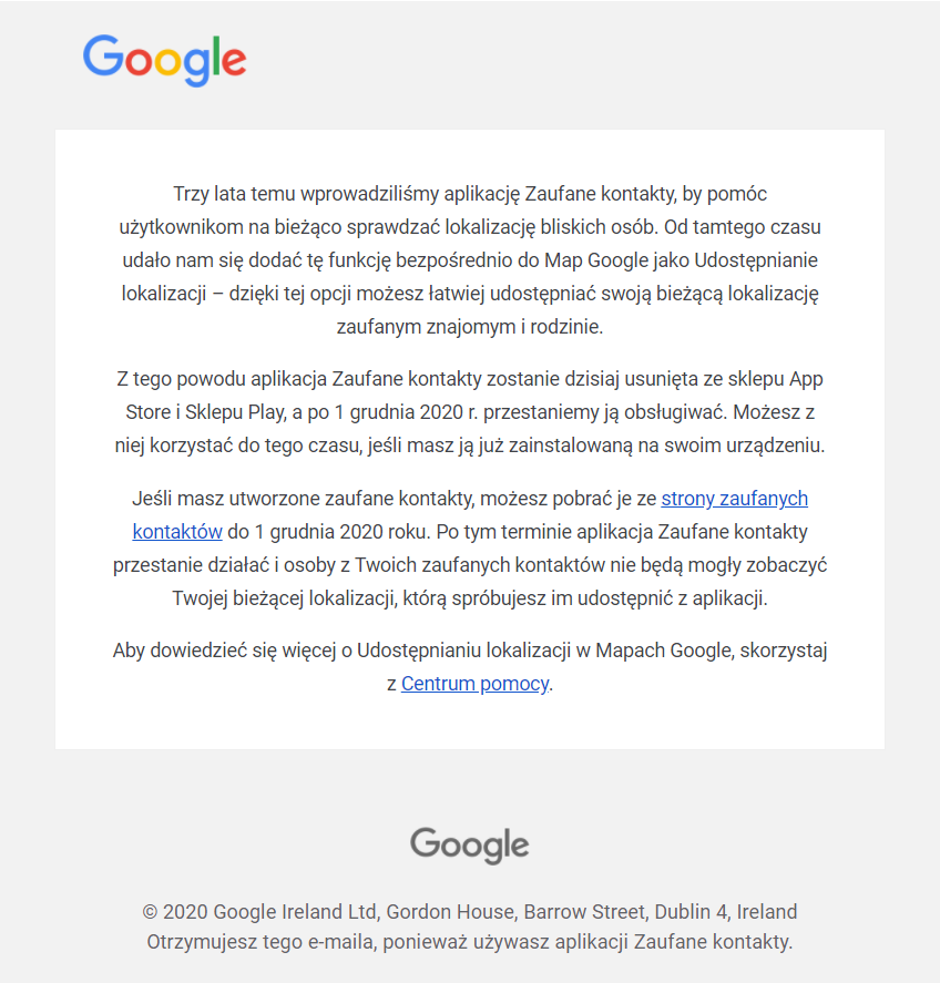 Google informuje, że Zaufane kontakty znikną ze sklepów z aplikacjami. Źródło: Google, fot. Oskar Ziomek.